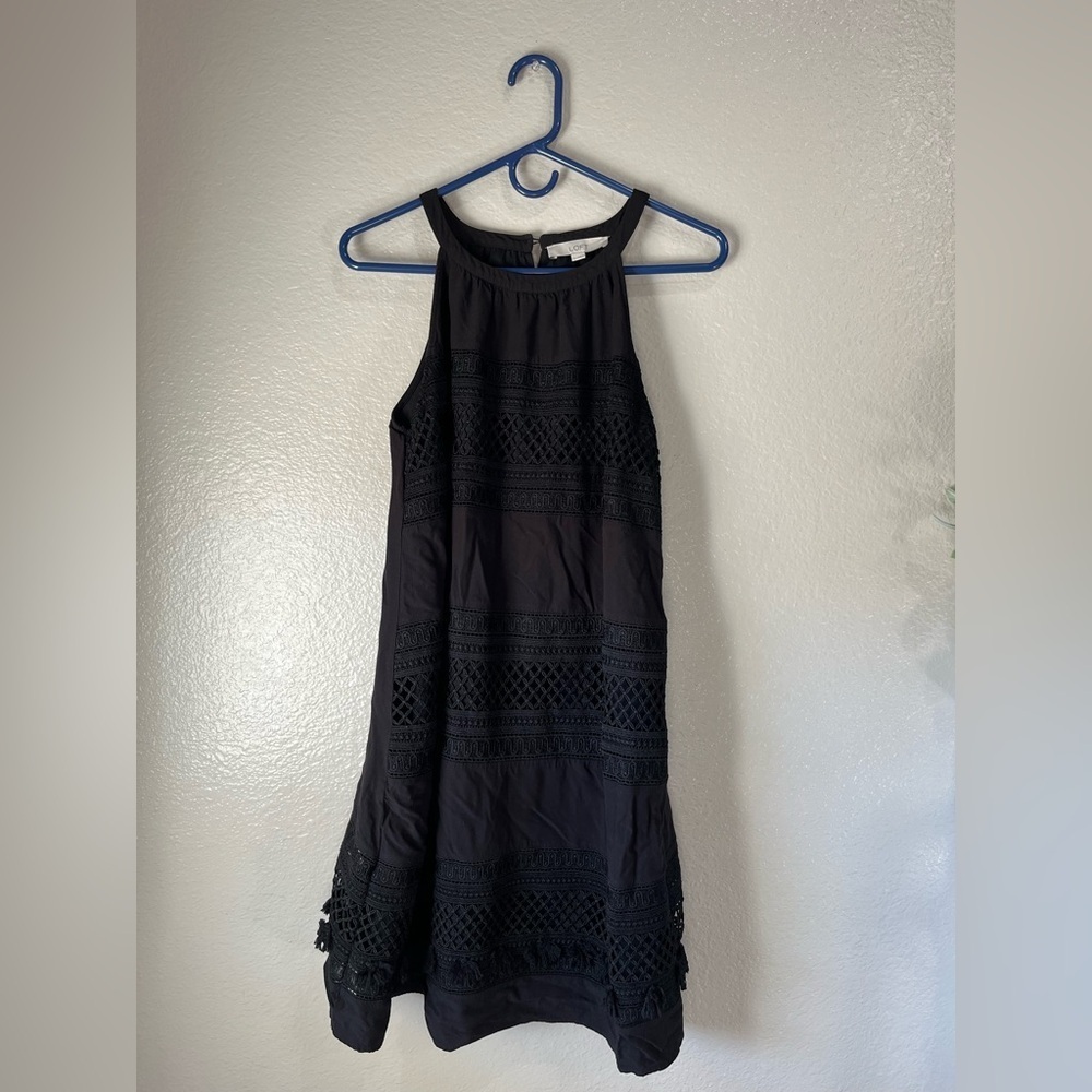 LOFT black boho tassle Mini dress crochet Sz L trapeze sleeveless Chic TC0313